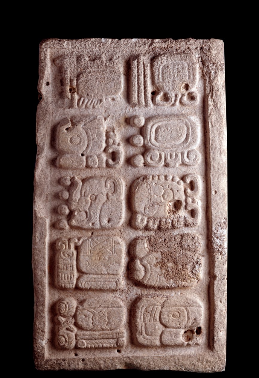 Předkolumbijské umění, mayská civilizace, klasické období: fragment schodiště představující glyfy v nižších reliéfech. Ztlumit. 35,5x61 cm Guatemala, Museo Nazionale di Archeologia e Etnologia - Předkolumbovské umění, mayská civilizace, klasické období (as od Mayan Mayan