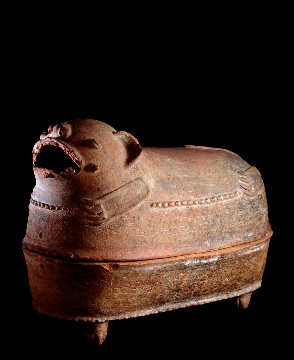Předkolumbijské umění, mayská civilizace, pozdně klasické období: pohřební urna z tetrapodové hlíny s víkem ve tvaru jaguára. Z Nebaj, Guatemala. Slunce. h. 52 x šířka 70 cm Guatemala, Museo Nazionale di Archeologia e Etnologia - Předkolumbovské umění, May od Mayan Mayan
