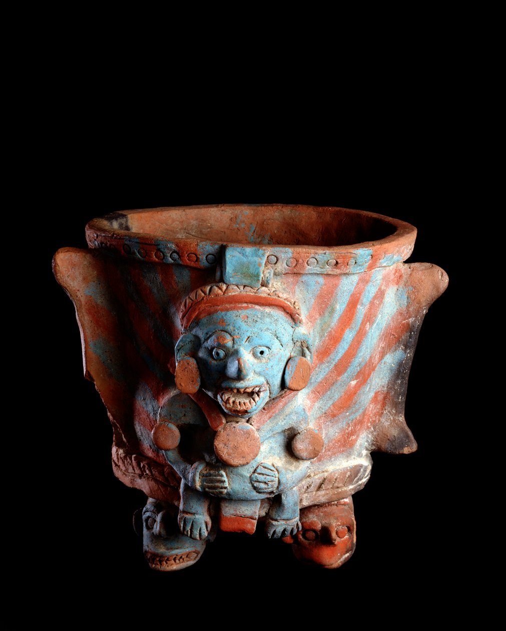Předkolumbijské umění, mayská civilizace, poklasické období: trojnožková váza s hliněným kadidlem zdobená hlavou. Z Nebaj, Quiche, Guatemala Sun. h. 25 x šířka 23,8 cm Guatemala, Museo Nazionale di Archeologia e Etnologia - Předkolumbovské umění, Maya Civi od Mayan Mayan