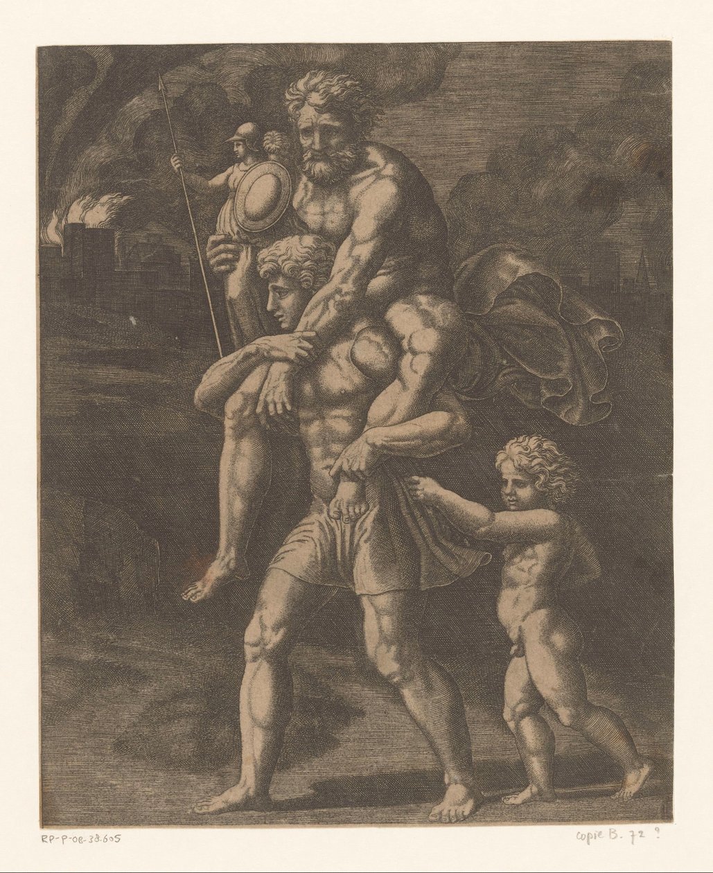 Aeneas a jeho rodina prchají z Tróje od Meester van de Dobbelsteen