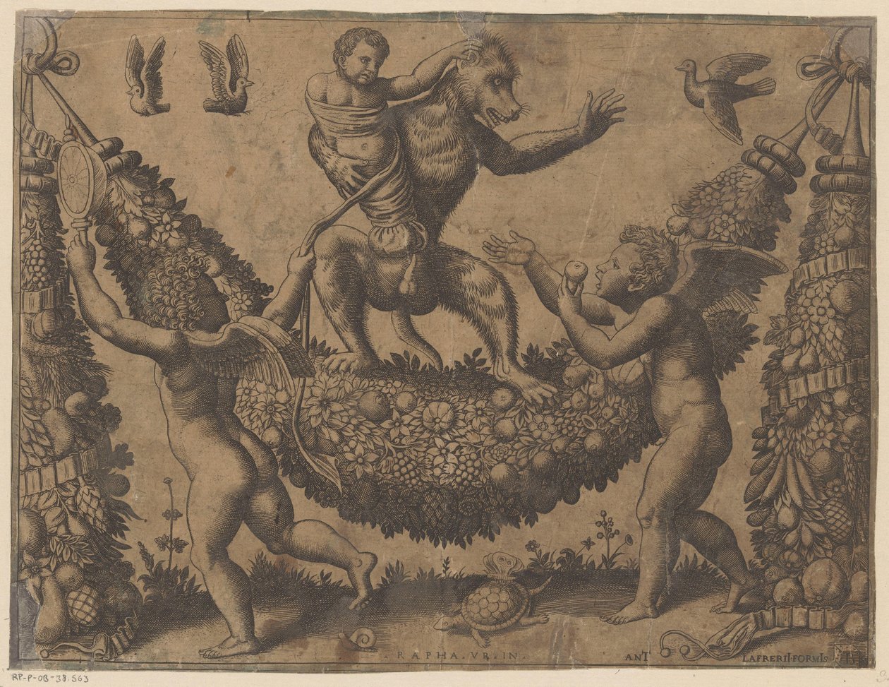 Putti zesměšňuje opici Tapiserie papeže (název série) Tapezzerie de Papa (název série) od Meester van de Dobbelsteen