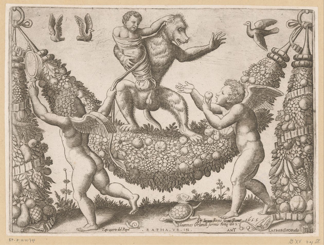 Putti zesměšňuje opici Tapiserie papeže (název série) Tapezzerie de Papa (název série na objektu) od Meester van de Dobbelsteen