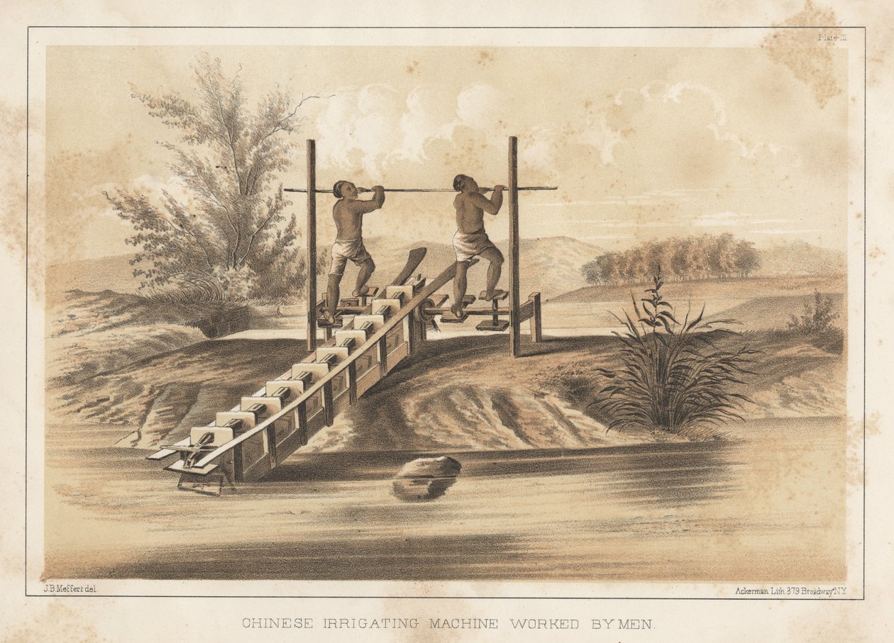 Čínský zavlažovací stroj obsluhovaný muži, 1855 od Meffert