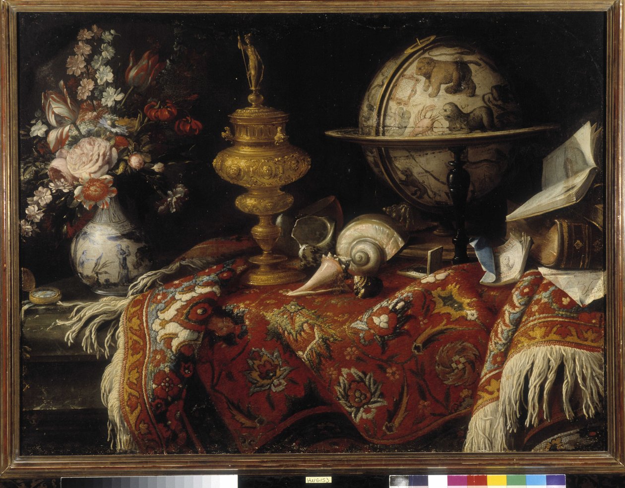 Váza s květinami, astrální glóbus, knihy a zlaté předměty na koberci. Obraz Meiffrena Conteho (nebo hraběte) (1630-1705) Povinná zmínka: Collection fondation needs de Provence, Marseille (cm 92x121) od Meiffren (c.1630 1705) Conte