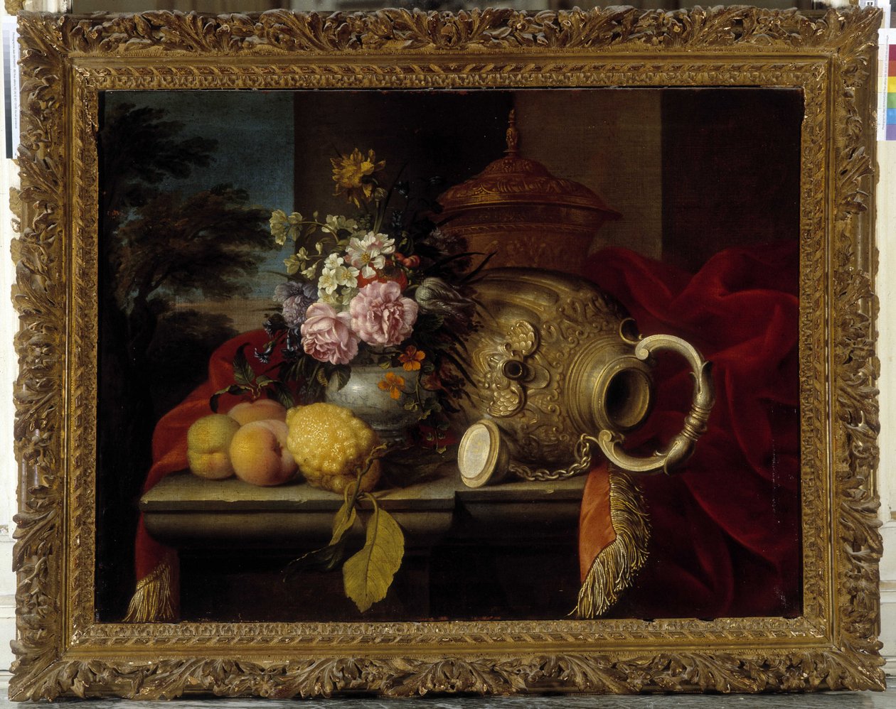 Zátiší s kyticí, ovocem, vázou a červenou látkou (olej na plátně) od Meiffren (c.1630 1705) Conte