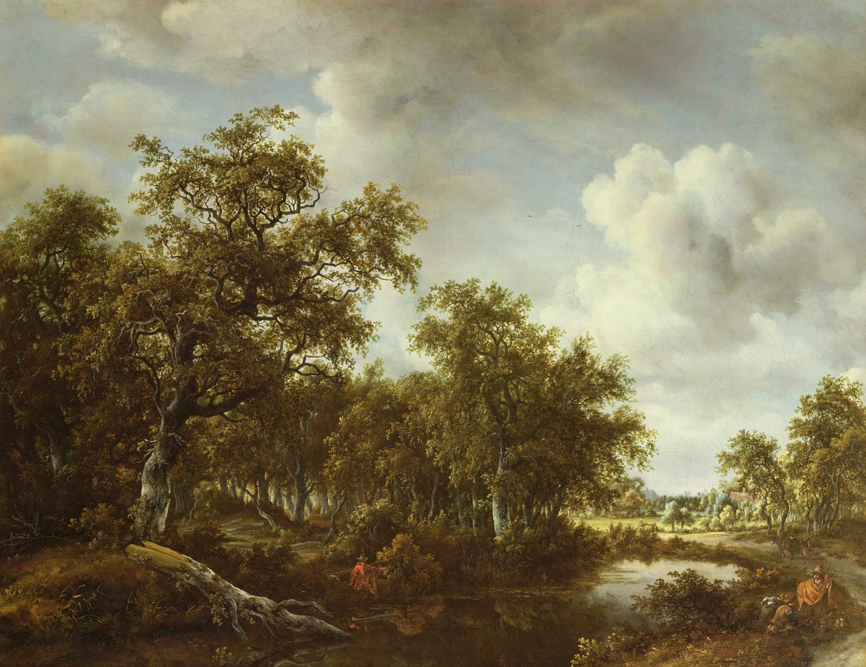Zalesněná krajina s rybářem u rybníka, 1664 od Meindert Hobbema