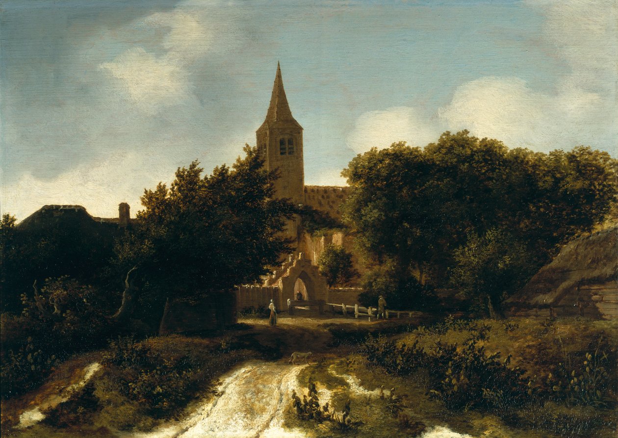 Zalesněná krajina s postavami u kostela, c.1660 od Meindert Hobbema