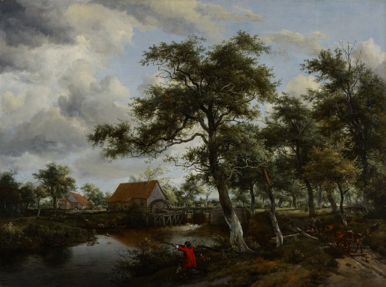 Zalesněná krajina s vodním mlýnem, kolem roku 1665 od Meindert Hobbema
