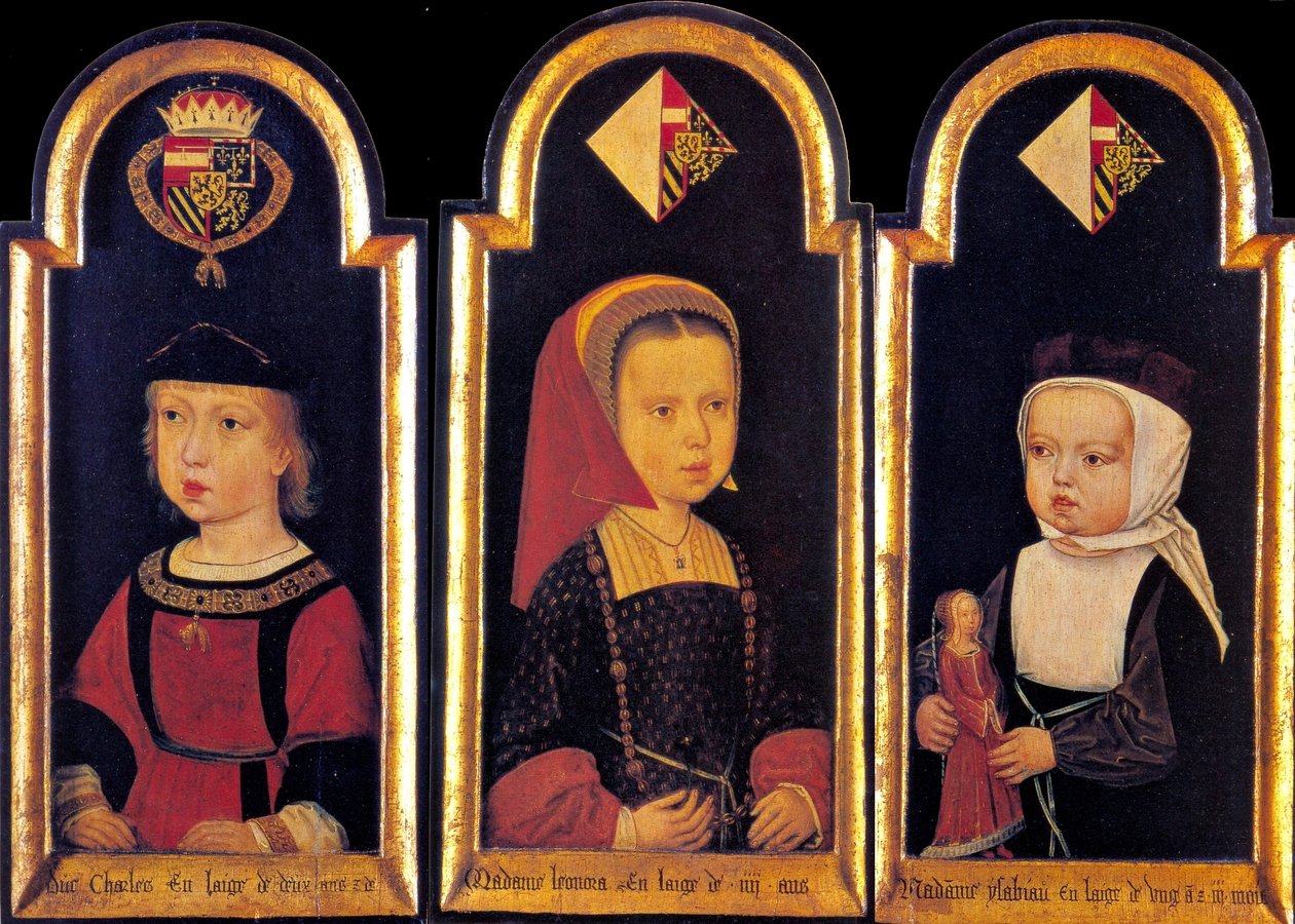 Arcivévoda Karel, pozdější svatý římský císař Karel V., se svými sestrami Eleonore a Isabella ve věku 2 let. od Meister der St. Georgsgilde der St. Georgsgilde