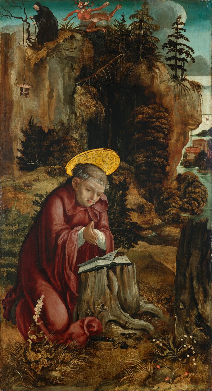 Svatý. Benedikta před jeskyní v Subiacu od Meister des Innerochsenbacher Annenaltars