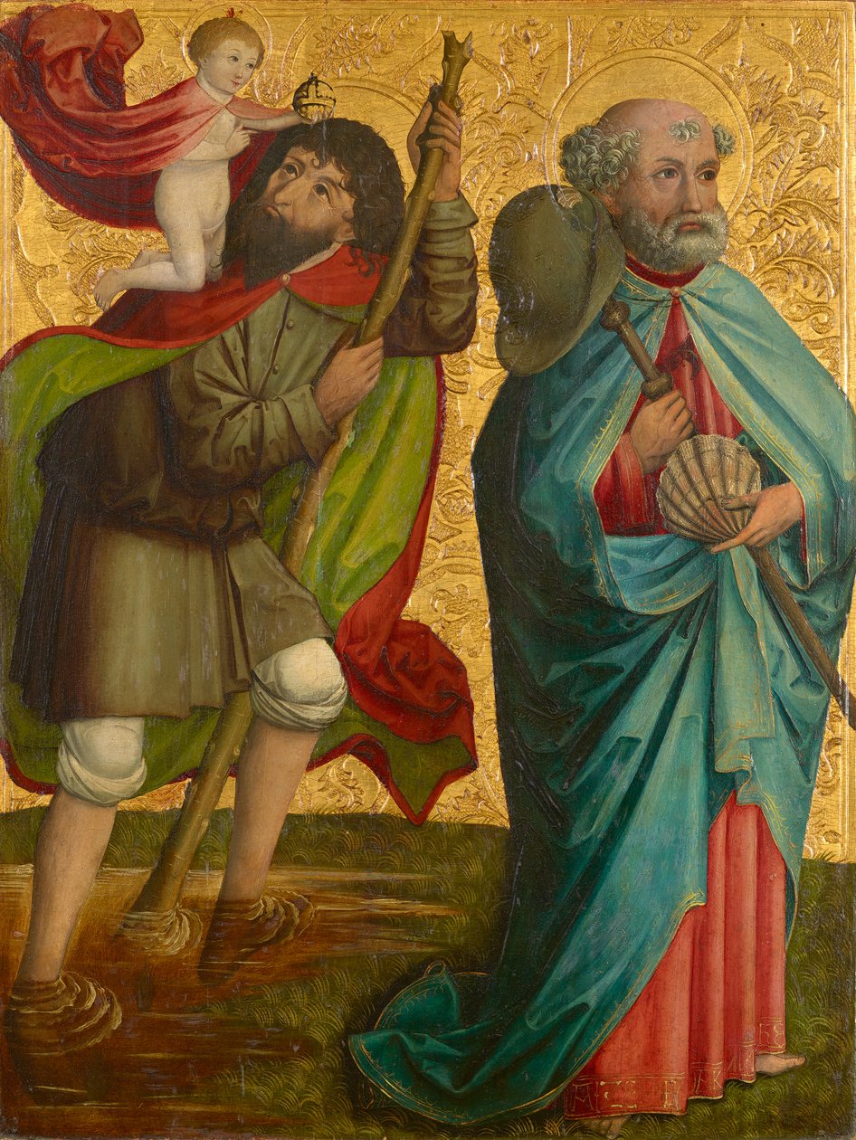 Levé křídlo tzv. Pretschlaipferova triptychu: St. Christophorus a Jakobus Major (uvnitř); Zvěstování Marii (venku) od Meister von Großgmain (Werkstatt)