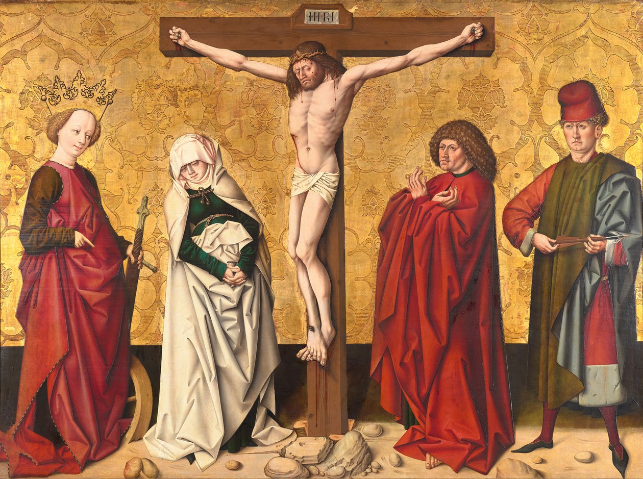 Kristus na kříži mezi sv. Mary a John, Catherine a Sebastian od Meister von Großgmain