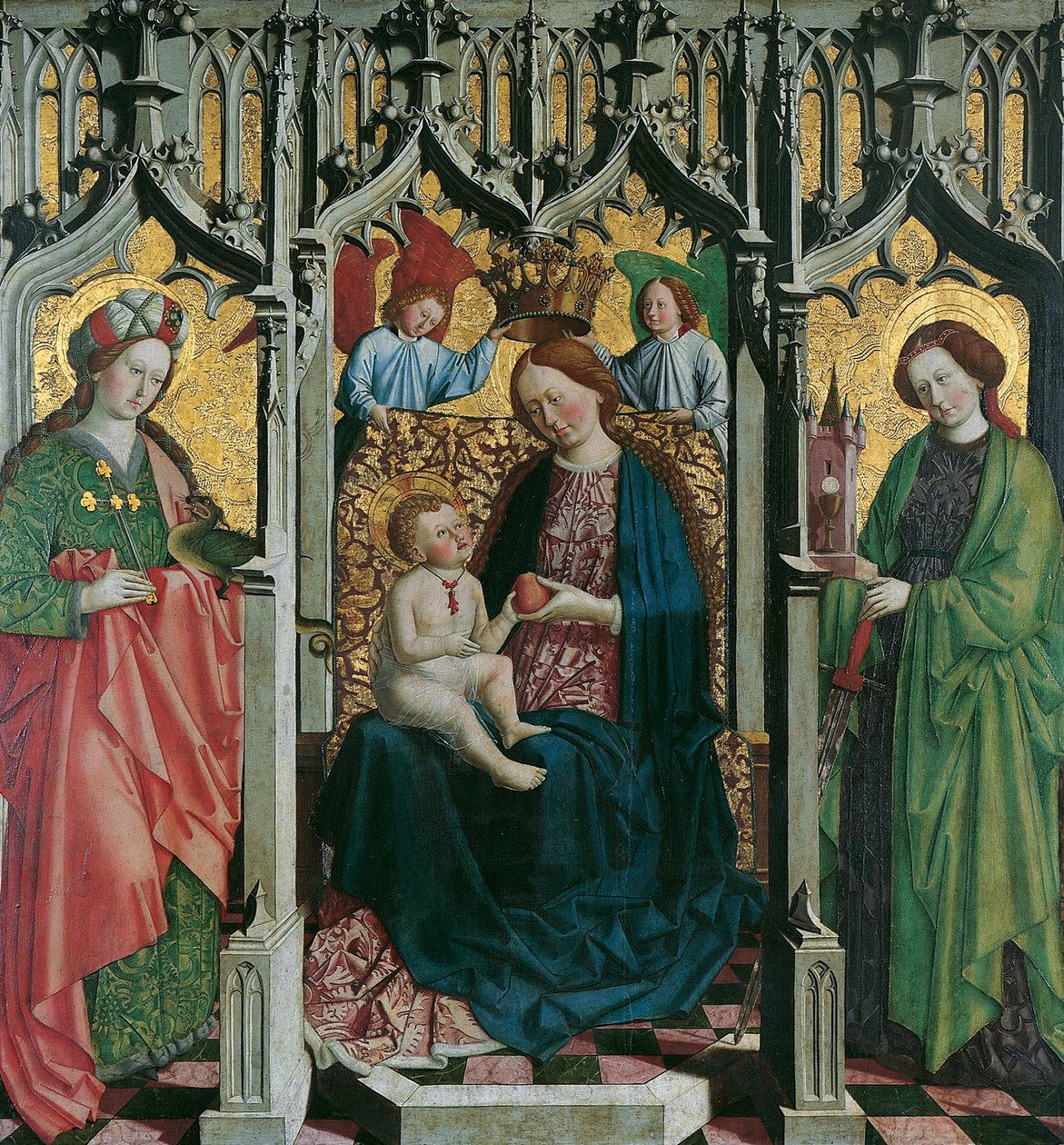 Trůnící Marie se sv. Margarethe a Barbara (avers); Muž bolesti v ozdobě úponků (zadní strana) od Meister von Uttenheim