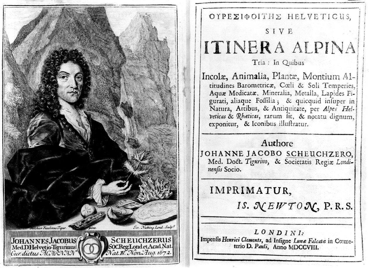 Frontispis a titulní list knihy "Itinera Alpina Tria" od Johanna Jakoba Scheuchzera, vyryl Joseph Nutting, vydáno 1708 od Melchior Fusslinus Tigur