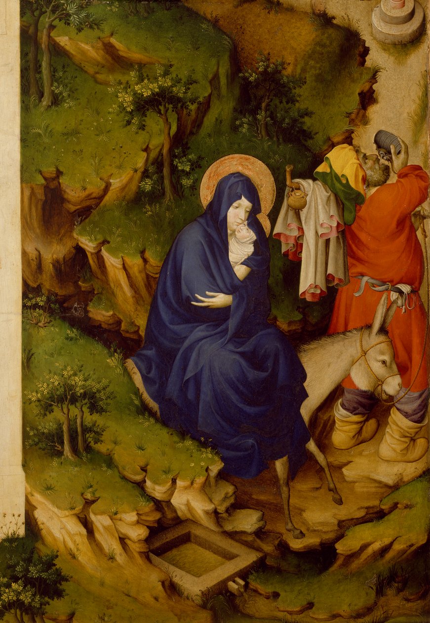 Útěk do Egypta, detail z pravého panelu oltáře Champmol, od Melchiora Broederlama (asi 1355-asi 1411), tempera na dřevě od Melchior Broederlam