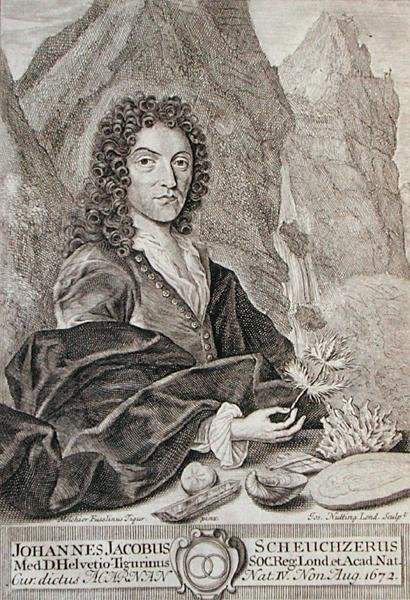 Portrét Johanna Jacoba Scheuchzeriho, frontispice k „Itinera Alpina“ od Scheuchzeriho, vyrytý Josephem Nuttingem (asi 1660-1722), vydáno 1706 (rytina) od Melchior Fusslinus (after) Tigur