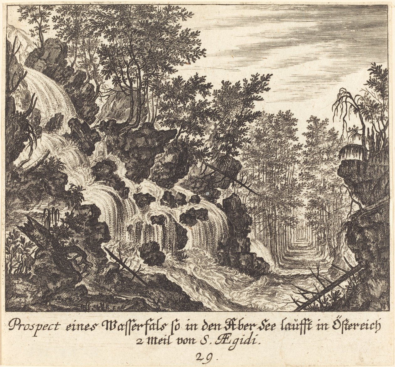 Pohled na vodopád, Rakousko od Melchior Küsel after Johann Wilhelm Baur