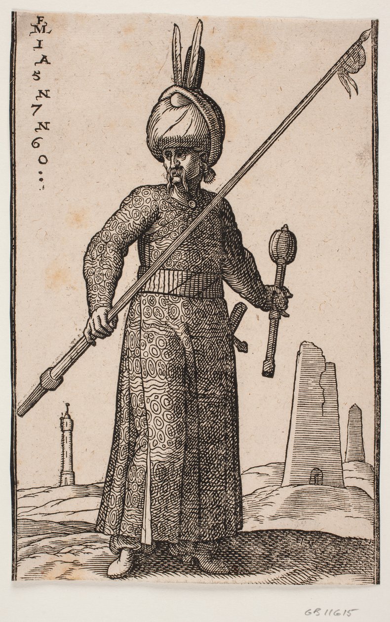 Stojící voják, při pohledu zepředu; v pravé ruce kopí s praporcem na špičce; v levé ruce kyj; na hlavě turban se dvěma pery; v krajině "maják" a pár budov podobných obelisku od Melchior Lorck