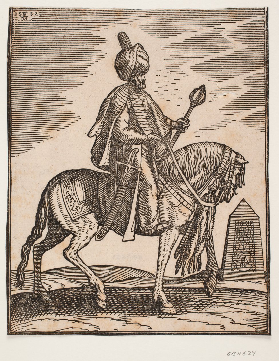 Jezdec v turbanu s mečem u pravého boku a válečným kyjem v levé ruce, profil vpravo; v pozadí obelisk od Melchior Lorck