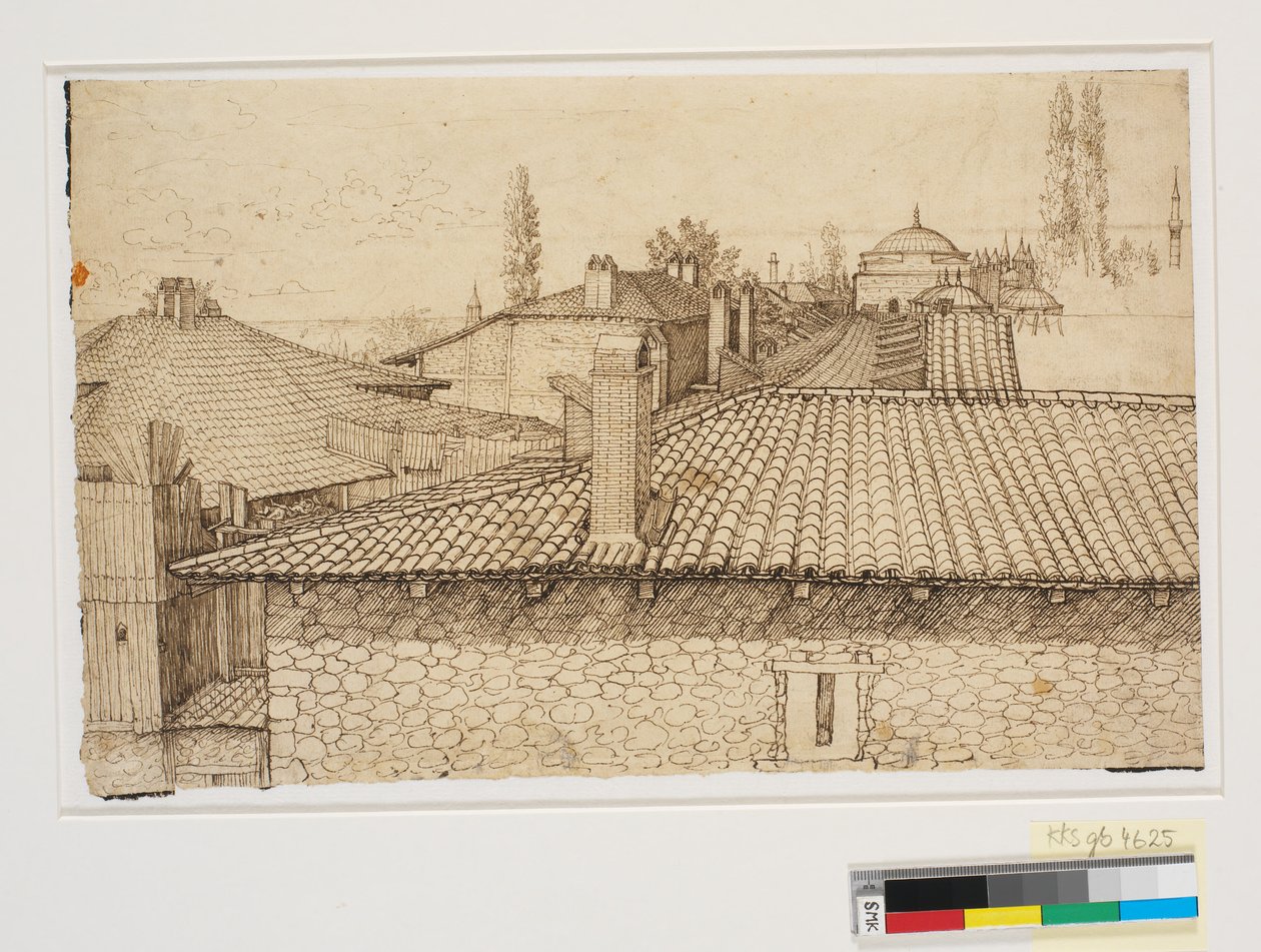 Pohled přes střechy směrem ke sloupu Arcadios v Konstantinopoli od Melchior Lorck