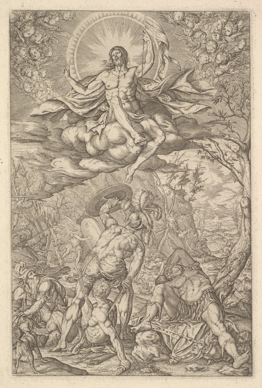 Vzkříšení Krista, obklopené aureolou a mraky s liniemi okřídlených putti do..., 1577. od Melchior Meier