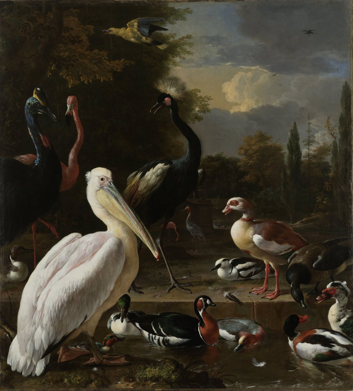 Pelikán a další ptáci u bazénu, známý jako „Plovoucí pírko“, kolem roku 1680 od Melchior de Hondecoeter
