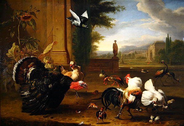 Krůta, kohout a kohoutek a další exotická drůbež v parku (olej na plátně) od Melchior de Hondecoeter