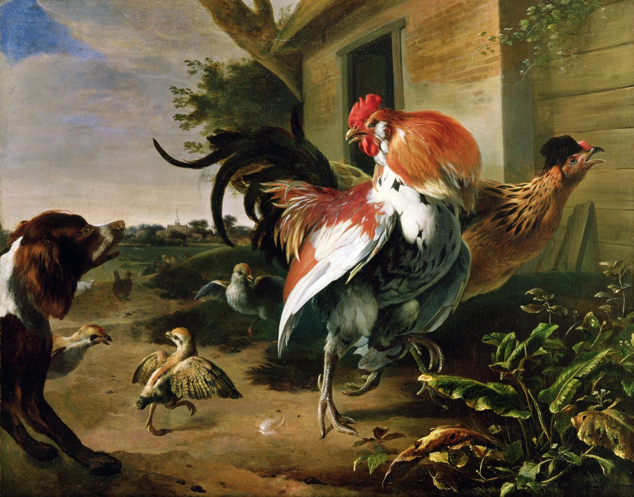 Drůbež a španěl na hospodářském dvoře od Melchior de Hondecoeter