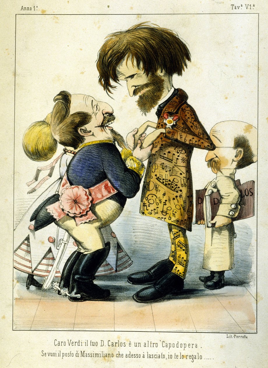Karikatura o Giuseppe Verdim a Napoleonovi III. po opeře Don Carlos v Paříži v roce 1867. Karikatura Melchiorre Delfico. Kolekce Privee Milan od Melchiorre Delfico