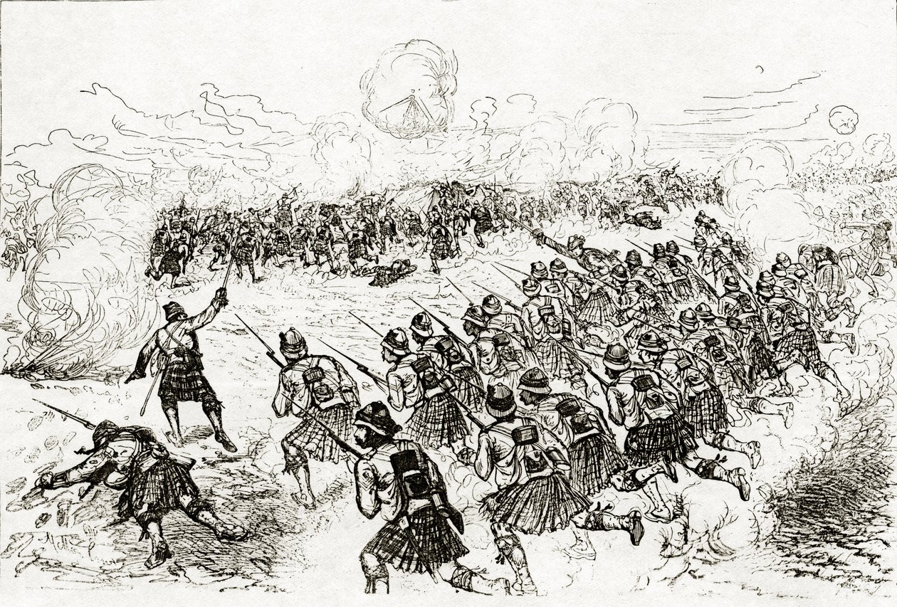 The Black Watch útočí na záchytné body v bitvě u Tel el-Kebir, publikované v „The London Illustrated News“, říjen 1882 od Melton Prior