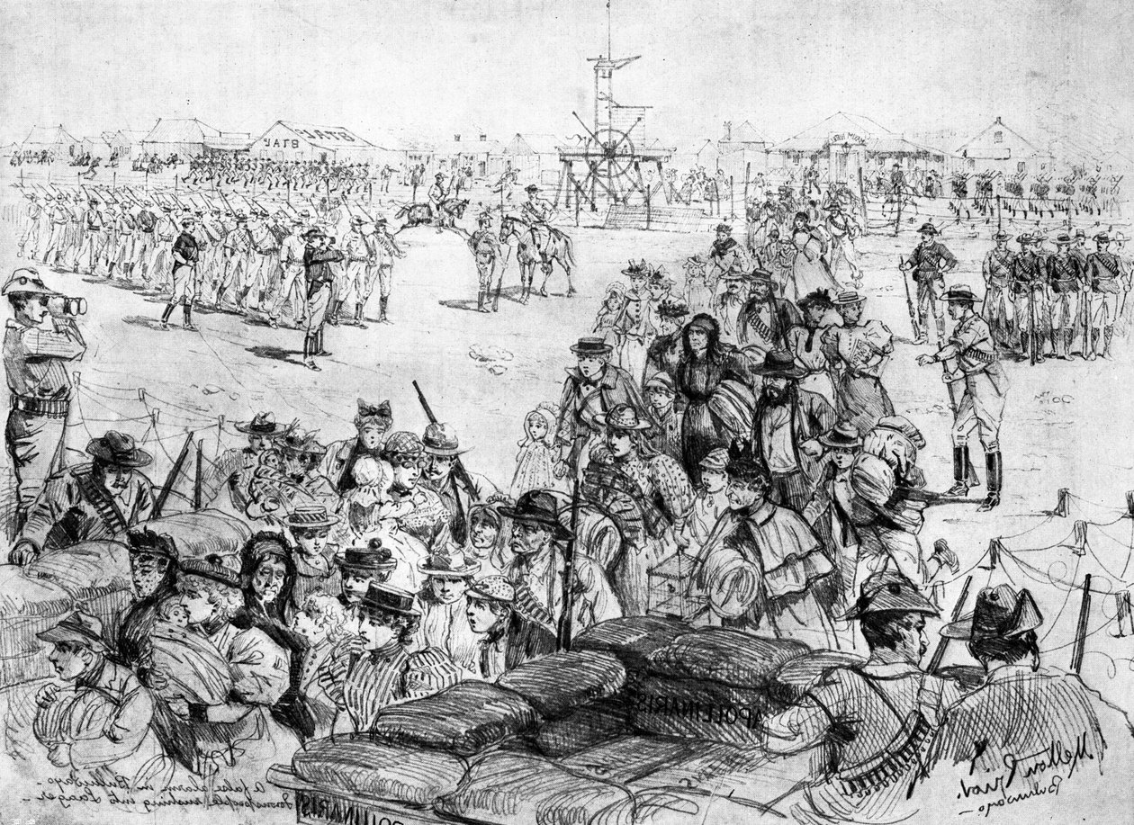 The Matabele Insurrection: Falešný poplach v Bulawayo, obyvatelé města spěchající do Laageru, zveřejněno v 