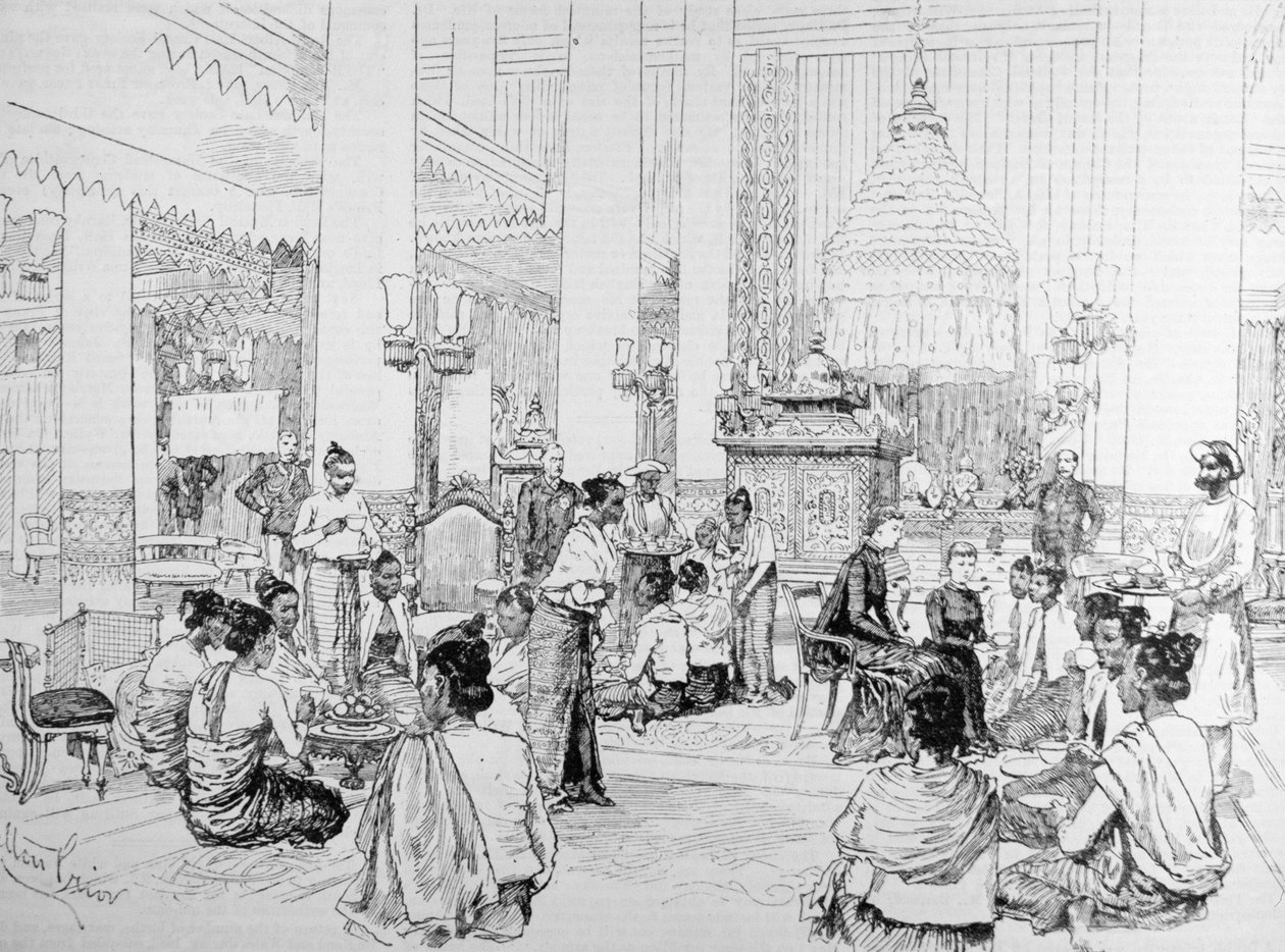 Místokrál Indie v Barmě: Barmské dámy pijící čaj s lady Dufferinovou v paláci v Mandalay, z „The Illustrated London News“, 4. března 1886 od Melton Prior