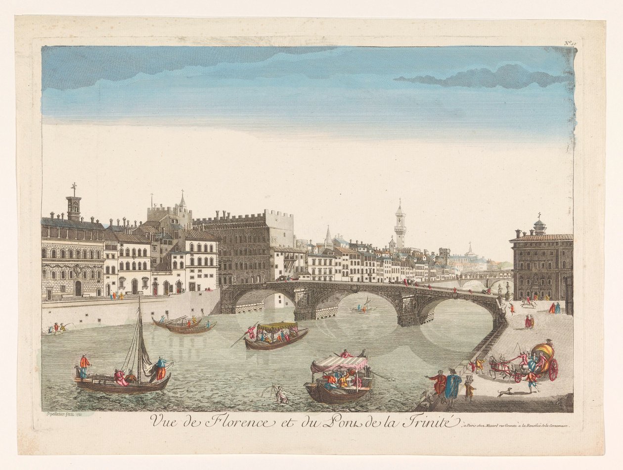 Pohled na Ponte Santa Trinita přes řeku Arno ve Florencii Vue de Florence et du Pont de la Trinité (název na objektu) od Mesard