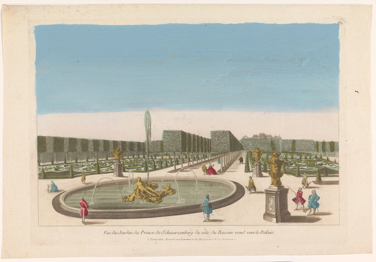 Pohled na fontánu ze zahrady paláce Schwarzenberg nedaleko města Vídně Vue du jardin du prince de Schwarzenberg du côte du bassin kolem vers le palais (titul na objektu) od Mesard