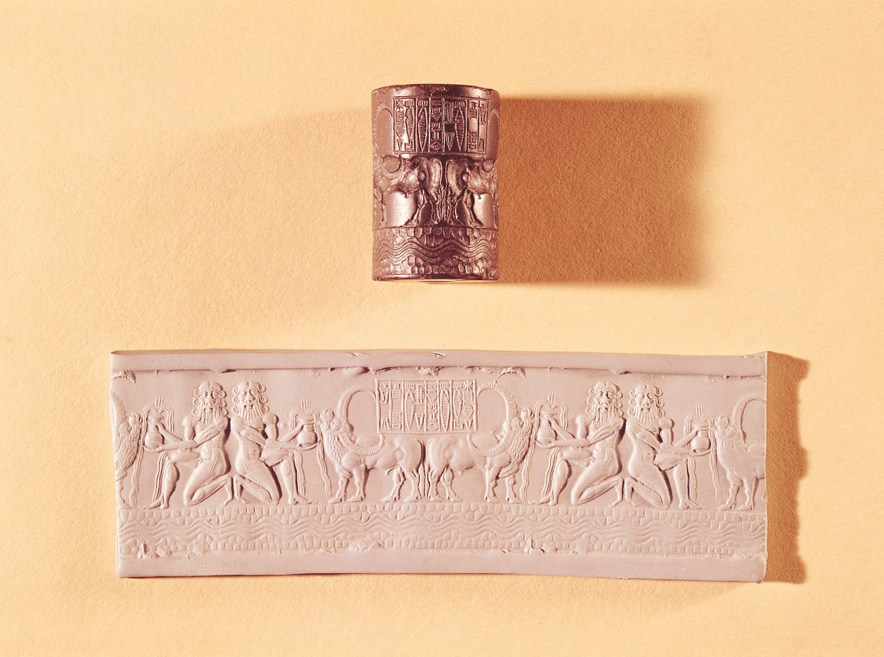 Akkadská válcová pečeť a otisk Šar-kali-šarriho (asi 2217-2193 př. n. l.), krále Akkadu, Mezopotámie, asi 2340-2100 př. n. l. (mramor) od Mesopotamian