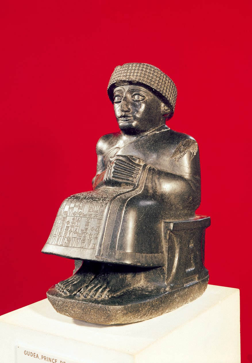 Gudea, princ z Lagashe, socha zasvěcená Ningizzadovi, novosumerský, z Telloh, starověké Girsu, kolem 2130 př. n. l. (diorit) (viz také 71510 a 121795) od Mesopotamian