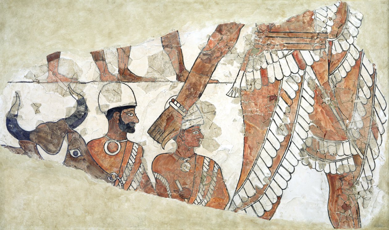 Uložení krále bohyní Ištar, z paláce Zimri-Lim, Mari, Střední Eufrat, období Isin-Larsa, cca 1800 př. n. l. (nástěnná malba) od Mesopotamian