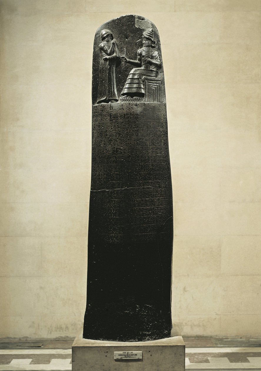 Zákoník Hammurabi: bůh Shamash diktující své zákony Hammurabimu, králi Babylonu, nalezený v Susa, Írán, kolem roku 1750 př.nl (čedič) od Mesopotamian