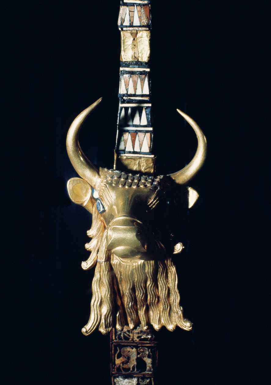 Hlava býka, dekorace z harfy, 2800-2300 př.nl (zlacené dřevo) (viz 198659) od Mesopotamian