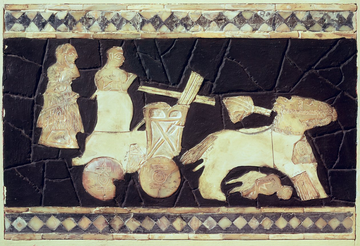 Válečný vůz tažený dvěma koňmi, 2800-2300 př.nl (slonovina, perleť a mozaika) od Mesopotamian