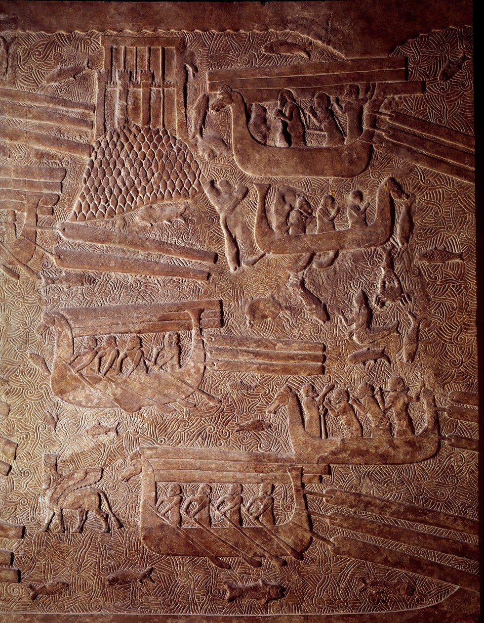 Mezopotámie: námořní scéna představující přepravu dřeva do Libanonu. Detail albastra s nízkým reliéfem z Khorsabad (Khunsabad). Regne ze Sargonu II. 710 před naším letopočtem. Paříž, muzeum Louvre od Mesopotamian Mesopotamian