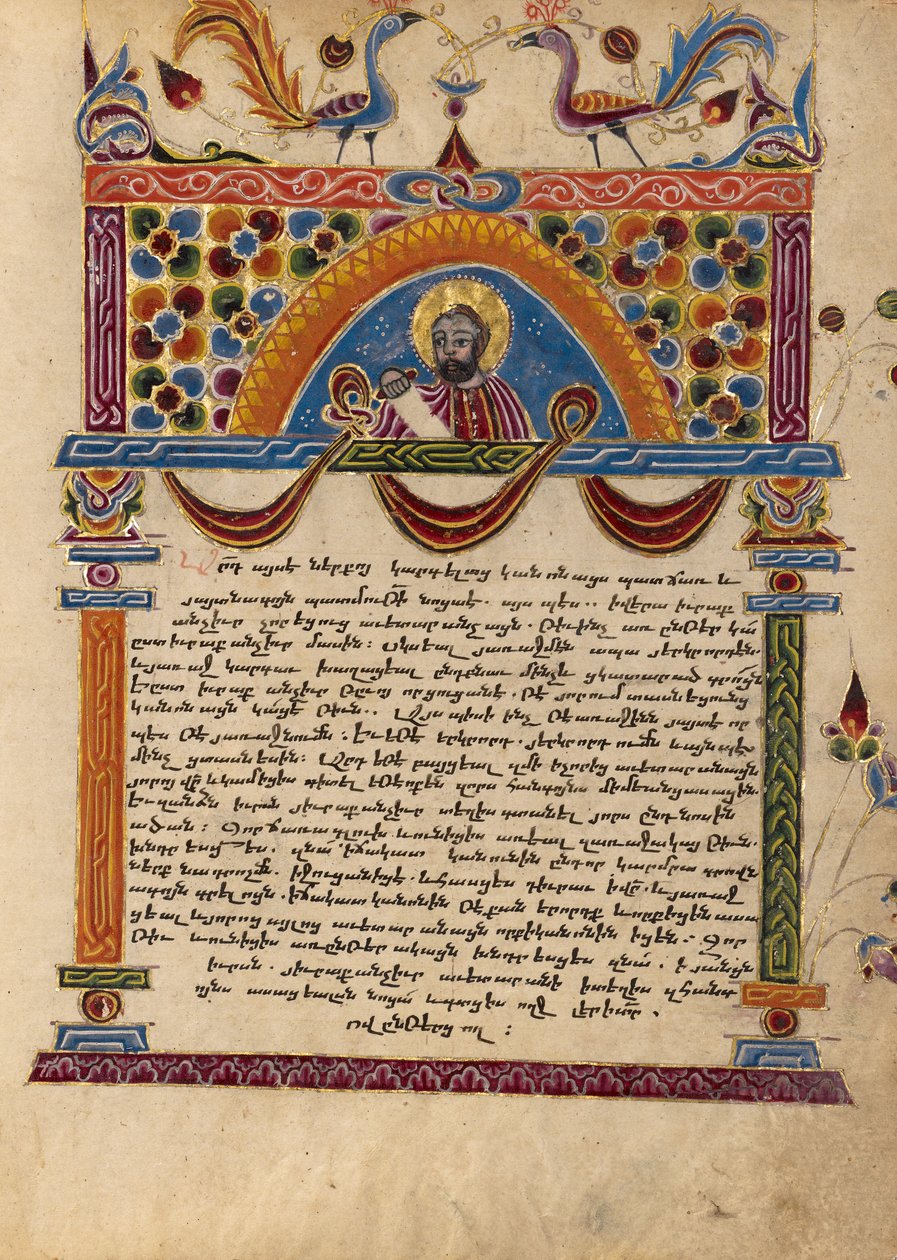 Zdobená textová strana s polopostavou Carpiana od Mesrop of Khizan