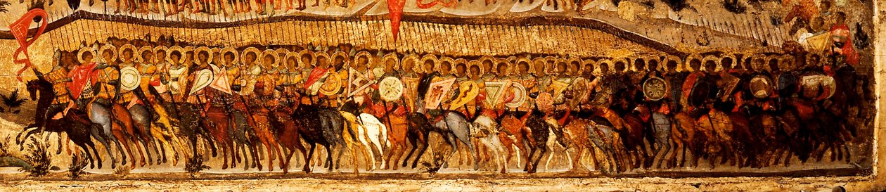 Blessed Be the Host of the King of Heaven Detail: Lower warriors range dirigované Alexandrem Něvským a Saint Georgem, 50. léta 16. století od Metropolitan of Moscow Athanasius