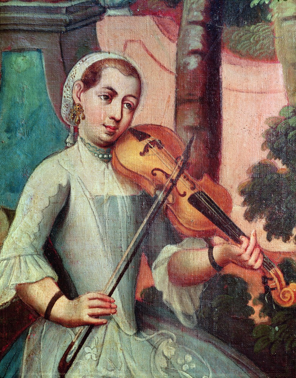 Houslista, detail z plátna od Mexican School