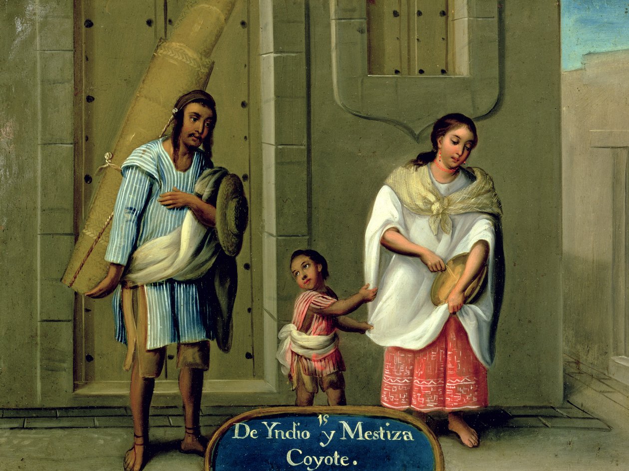 Muž indiána a jeho žena smíšené rasy ze seriálu o manželství smíšených ras v Mexiku od Mexican School
