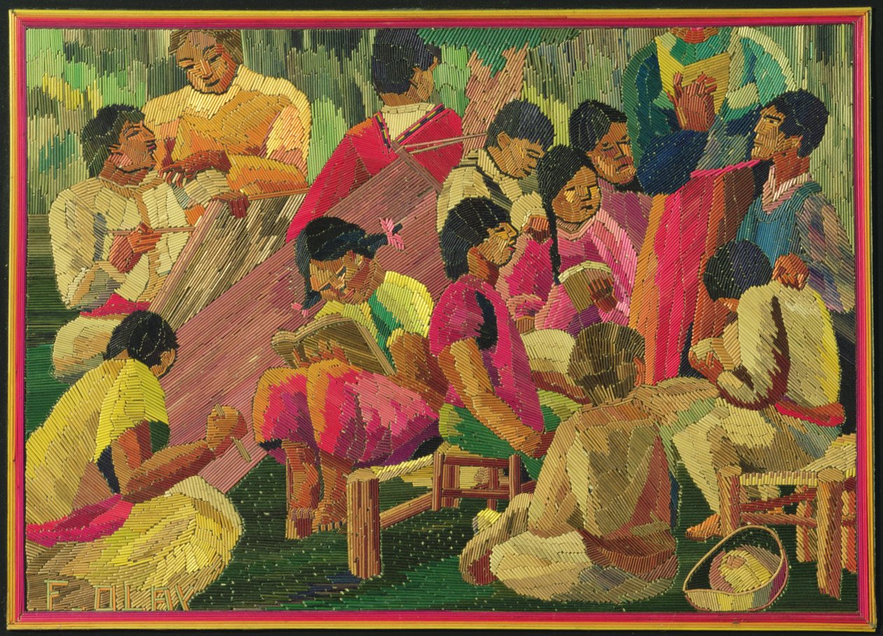 Scéna mexické vesnice (malba z barevné slámy) od Mexican School
