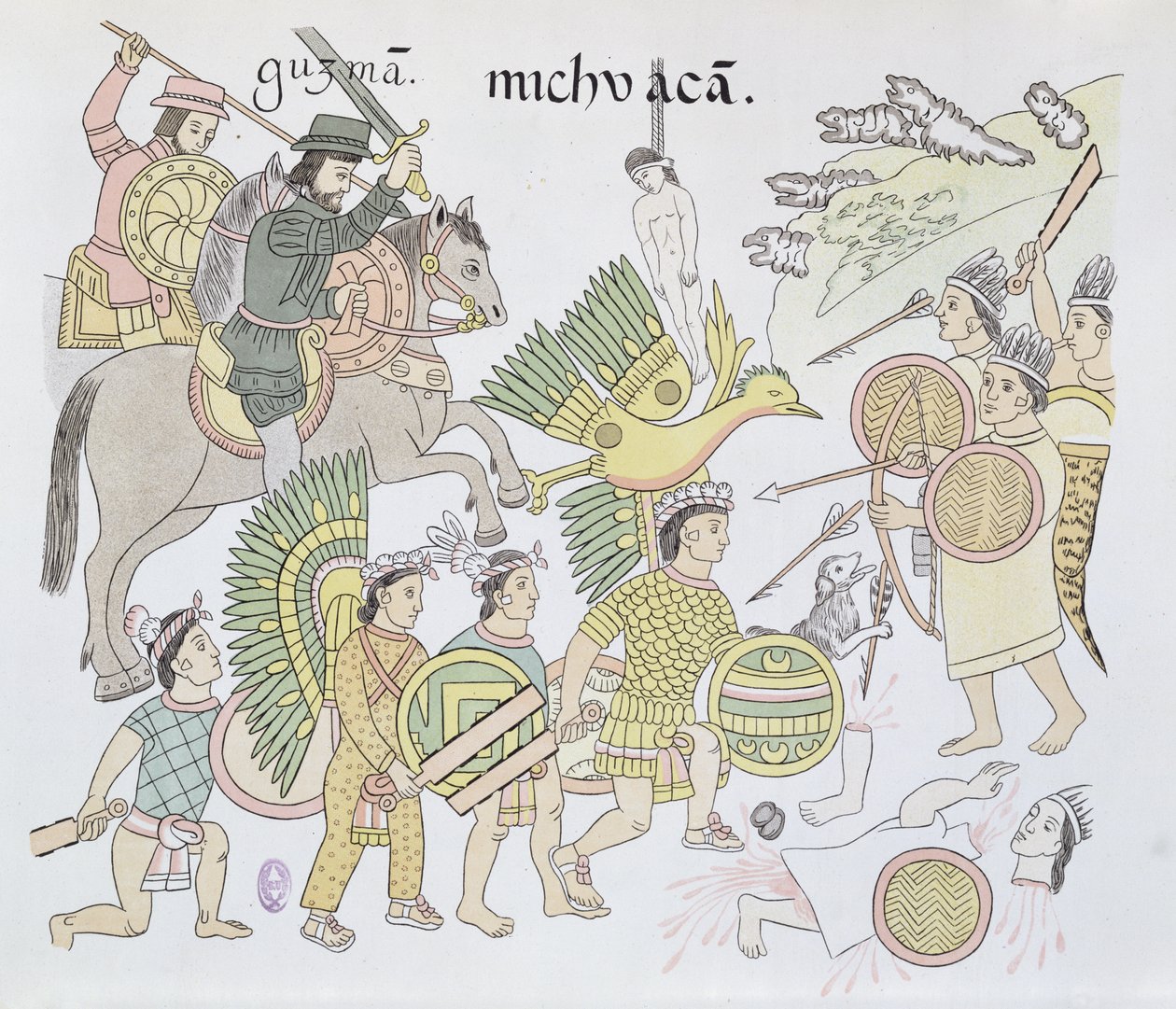 Bitva o Michoacan mezi Španěly a Aztéky, ilustrace z faksimile obrazové historie mexických indiánů Lienzo de Tlaxcala z roku 1550, 1892 od Mexican School