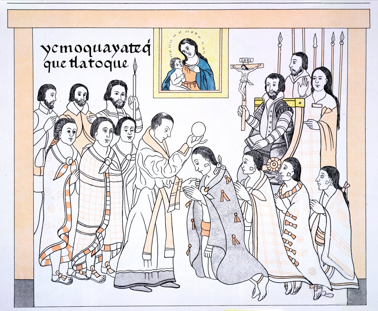 Caciques přijímající od kněze v domě Hernanda Cortése (1485-1547), ilustrace z faksimile mexické indiánské obrazové historie Lienzo de Tlaxcala z doby kolem roku 1550, 1892 (barevné lit.) od Mexican School