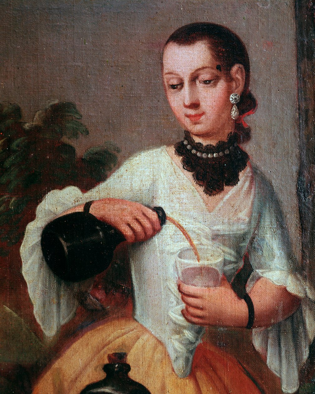 Dáma nalévá víno do sklenice (Lady nalévá víno do sklenice) Detail obrazovky, malba mexické školy od Mexican School