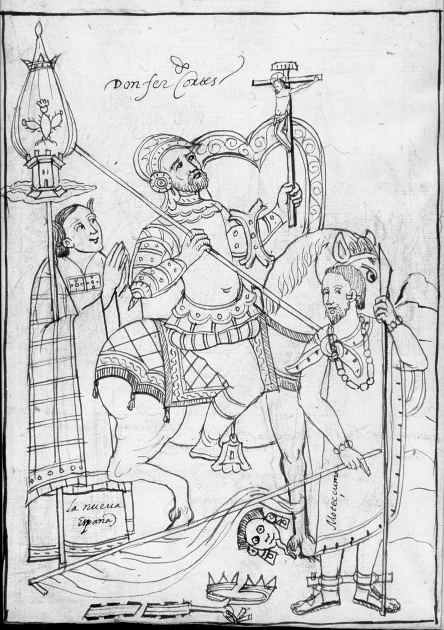 MS Hunter 242 f.246v, Cortes na koni, stojící nad poraženým aztéckým králem Moctezumou, ilustrace z Historia de Tlaxcala od Diega Munoze Camarga od Mexican School